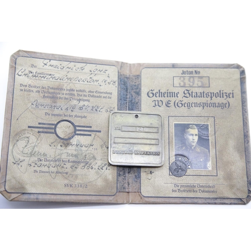 3044 - German SS type Gestapo brass tag and canvas covered identity book. P&P Group 1 (£14+VAT for the firs... 