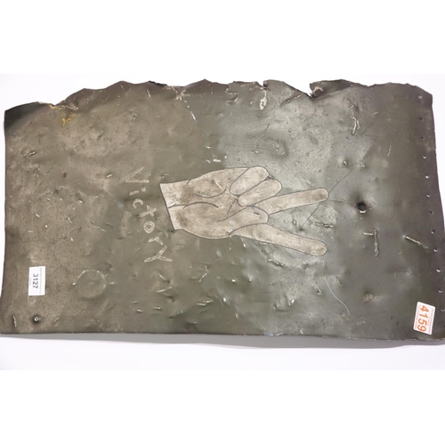 3127 - German WWII type aeroplane fuselage panel, painted with 'V for Victory' motif, 60 x 35 cm. P&P Group... 