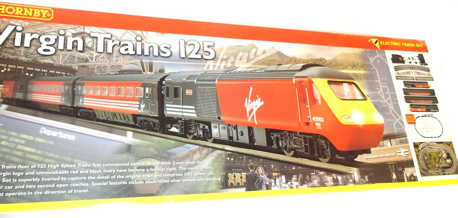 Hornby R1023 Virgin Trains 125 set with Lady in Red and Maiden Voyager with two coaches track etc