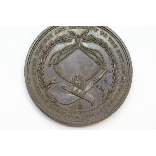 3527 - Bronze Coorg medal for loyal Coorg Forces April 1837. P&P Group 1 (£14+VAT for the first lot and £1+... 