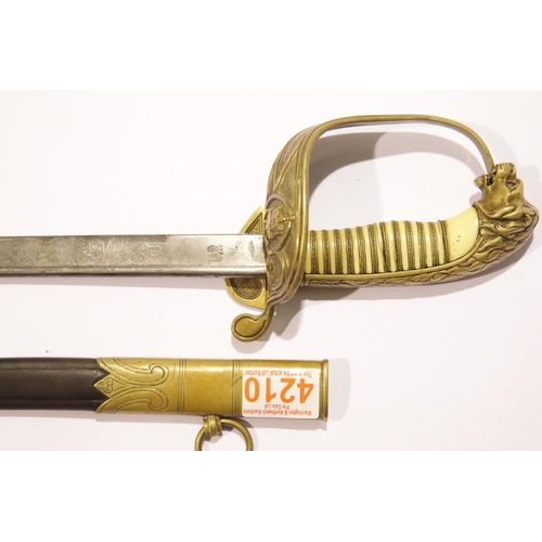 3250 - British 1898 pattern Naval Officer's sword and scabbard, gold wired ivory grip with brass knuckle gu... 