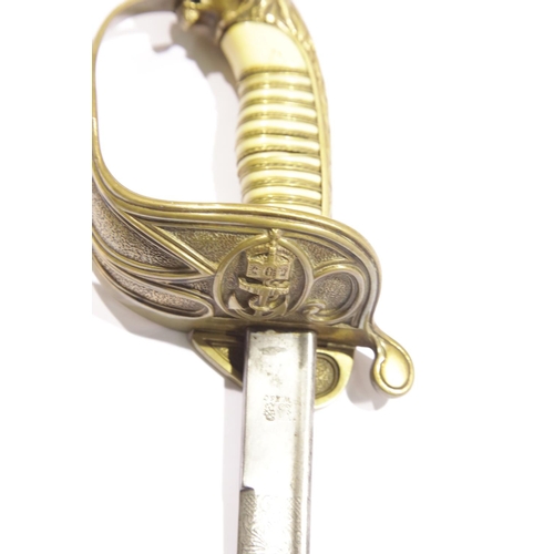 3250 - British 1898 pattern Naval Officer's sword and scabbard, gold wired ivory grip with brass knuckle gu... 