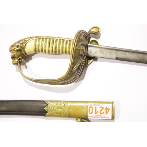 3250 - British 1898 pattern Naval Officer's sword and scabbard, gold wired ivory grip with brass knuckle gu... 