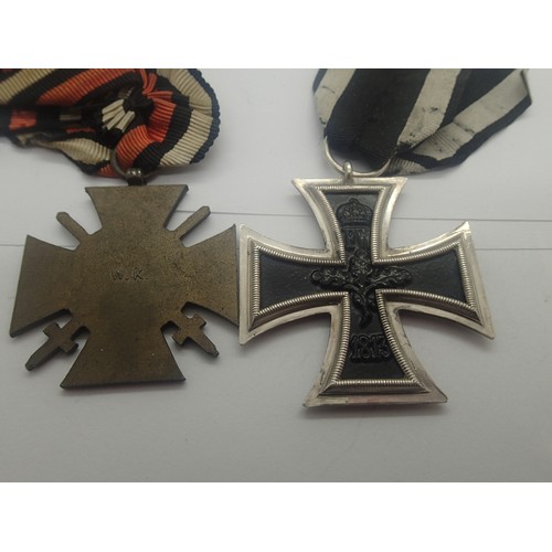 3439 - German Imperial WWI type Iron cross and Merit cross, both with ribbons. P&P Group 1 (£14+VAT for the... 