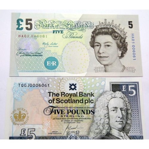 1210 - Two Jubilee issue £5 notes, both 006061. P&P Group 1 (£14+VAT for the first lot and £1+VAT for subse... 