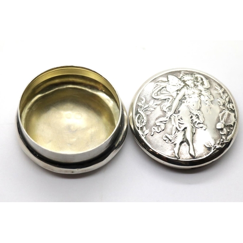 1004 - Hallmarked silver pot with fairy decoration, Birmingham assay, D: 5 mm, 22g. P&P Group 1 (£14+VAT fo... 