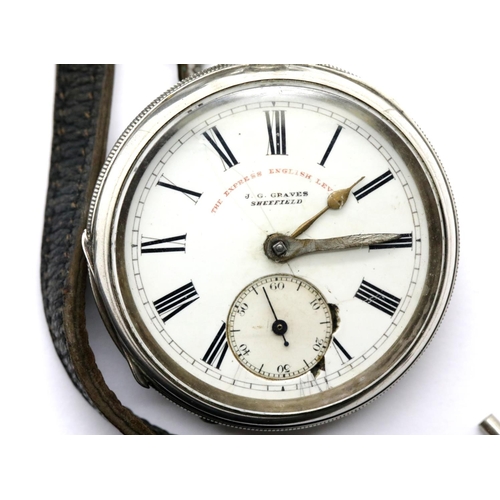 1010 - JG Graves hallmarked silver pocket watch with key. Case D: 52 mm, 124g. Not working at lotting. P&P ... 