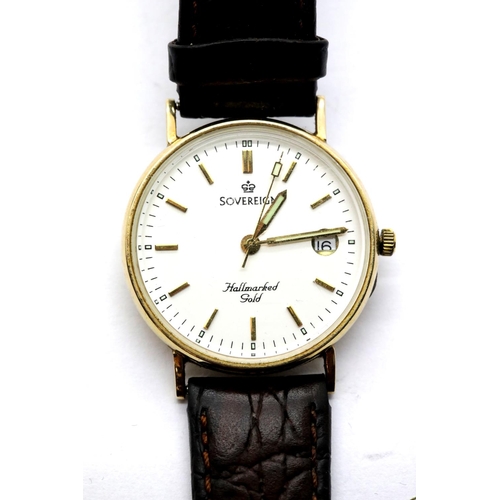 1025 - 9ct gold sovereign wristwatch on a leather strap, verso lightly engraved, working at lotting, dial D... 