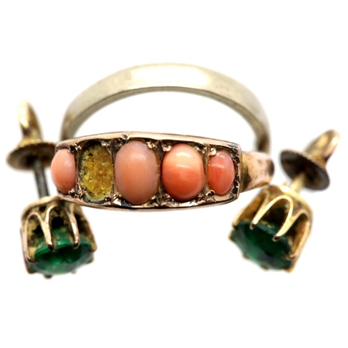 1027 - 9ct gold band size L and a 9ct gold coral set ring with 5 stones, one missing, size N, 3.4g and a pa... 