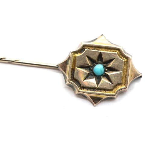 1033 - Presumed 9ct gold stick pin with turquoise centre, 1.8g, L: 7.5 cm. P&P Group 1 (£14+VAT for the fir... 