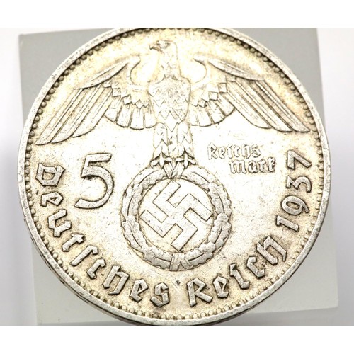 1263 - 1937 - Namibia Silver 5 Reichsmark with Swastika / Roman Eagle - Depiction of Hindenburg Obverse ; M... 