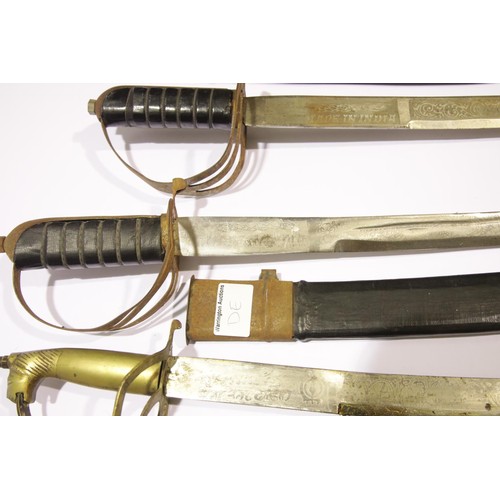 3244 - Four Indian sabres, three having painted canvas scabbards, the fourth a brass mounted velvet scabbar... 