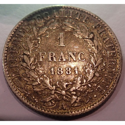 1250 - 1881 - Silver 1 Franc - French Republic. P&P Group 1 (£14+VAT for the first lot and £1+VAT for subse... 