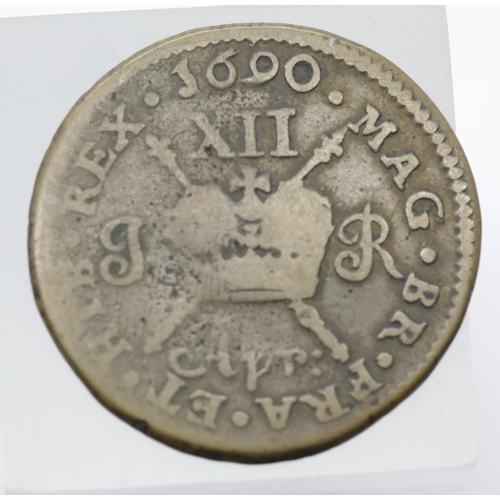 1287 - 1690 Shilling - King James II - Civil war gun money - emergency issue to pay troops. P&P Group 1 (£1... 