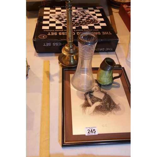 245 - Heavy turned brass ashtray, H: 30 cm, brass corkscrew, a picture and a horn mug. Not available for i... 