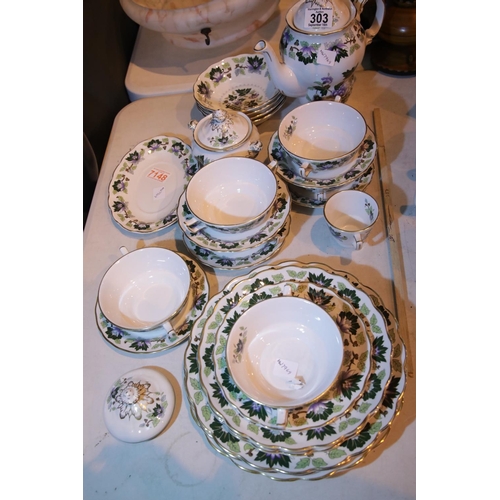 303 - Booths crockery in Jade Lotus pattern, 6x bowls with handles, 5 saucers; coffee pot; 4 bowls; 1 side... 