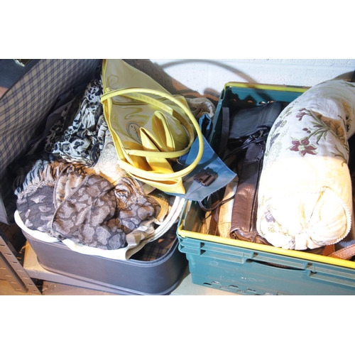 318 - Vintage suitcase and box of scarves, bags, footwear. Not available for in-house P&P.