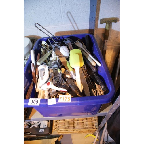 309 - Large box of kitchen utensils. Not available for in-house P&P.