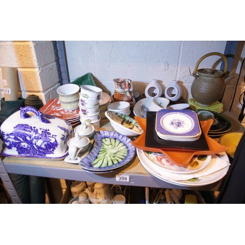 308 - Shelf of mixed ceramics including ramekins. Not available for in-house P&P.