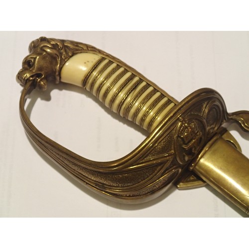 3250 - British 1898 pattern Naval Officer's sword and scabbard, gold wired ivory grip with brass knuckle gu... 