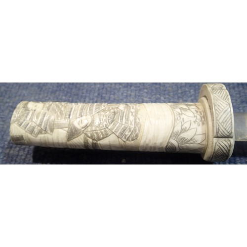 3272 - Heavily carved pair of late 19th century Japanese ivory Wakizashi swords. Both are complete but scab... 