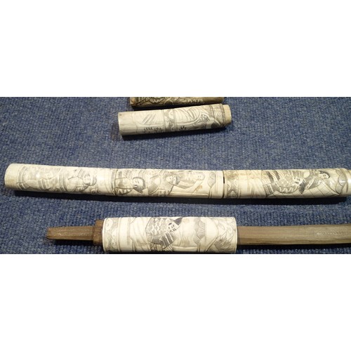 3272 - Heavily carved pair of late 19th century Japanese ivory Wakizashi swords. Both are complete but scab... 