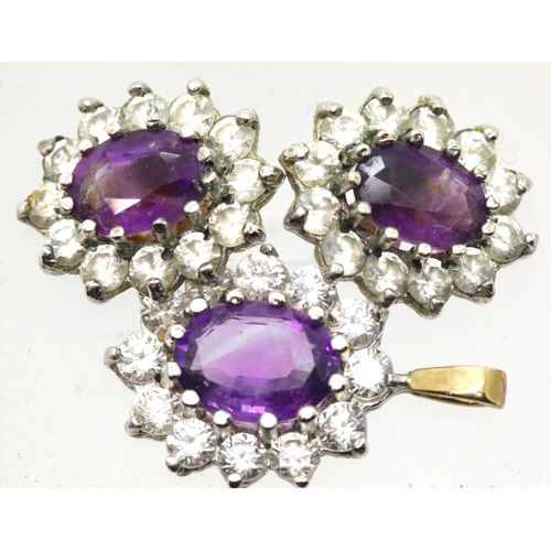 1045 - 9ct gold, amethyst and diamond ring, pendant and earrings set, 6.3g, ring size N. P&P Group 1 (£14+V... 