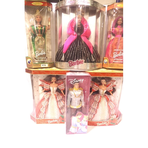 2391 - Five Barbie Dolls comprising Happy Holiday in red/gold x2, Happy Holiday pink/black, Thai Barbie - g... 