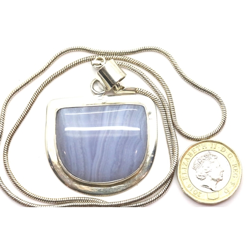 1013 - Blue lace agate pendant on silver mount with silver snake chain. P&P Group 1 (£14+VAT for the first ... 