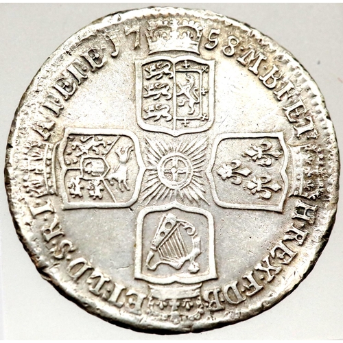 1123 - 1758 - Silver Shilling of King George II. P&P Group 1 (£14+VAT for the first lot and £1+VAT for subs... 