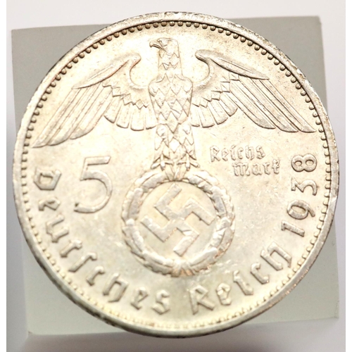 1166 - 1938 - 5 Mark - E mint - Seltenes; depiction of Hindenburg, Swastika and Rech Eagle. P&P Group 1 (£1... 