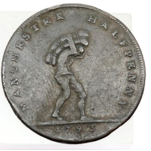 1180A - 1793 Manchester halfpenny. P&P Group 1 (£14+VAT for the first lot and £1+VAT for subsequent lots)