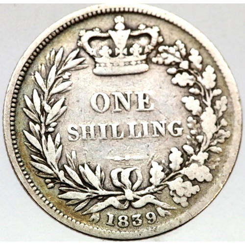 1142 - 1839 - Silver Shilling of Queen Victoria. P&P Group 1 (£14+VAT for the first lot and £1+VAT for subs... 