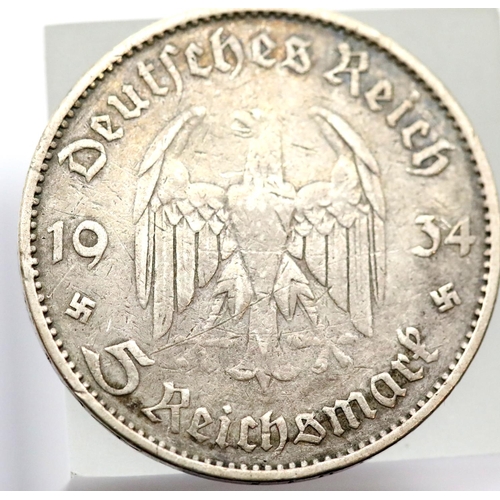 1160 - 1934 - Silver 5 Reichsmark (Germany) - Potsdam garrison. P&P Group 1 (£14+VAT for the first lot and ... 