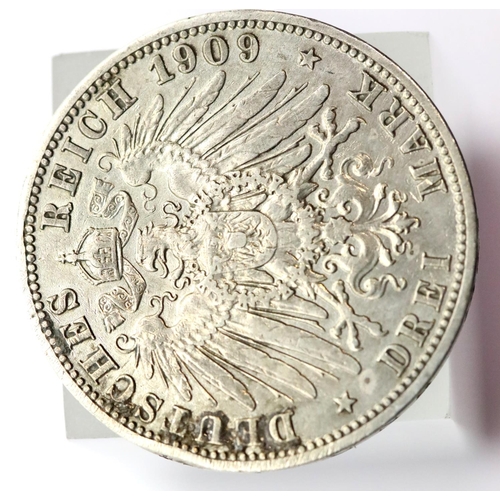 1169 - 1909 - Kaiser Wilhelm II - Silver 3 Marks - Prussia. P&P Group 1 (£14+VAT for the first lot and £1+V... 