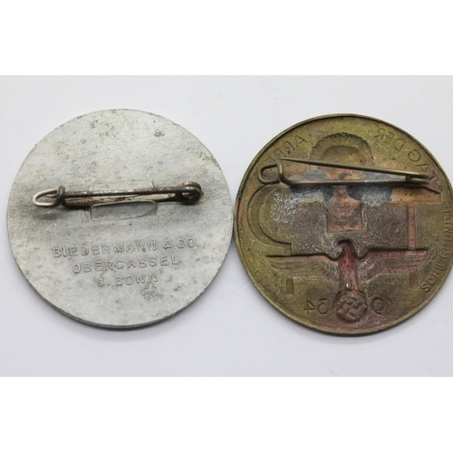 1188 - Two German Third Reich 'tinnie' day badges, the 1936 example marked Biedermann & Co, Oberkassel, Bon... 