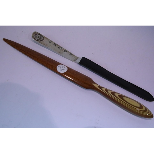 1239 - Two letter openers, one Jubilee hallmarked silver, one inlaid wood. P&P Group 1 (£14+VAT for the fir... 