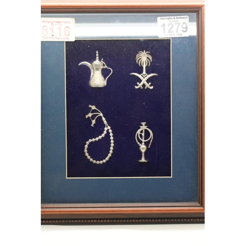 1279 - Framed display of Middle-Eastern silver miniatures. P&P Group 1 (£14+VAT for the first lot and £1+VA... 