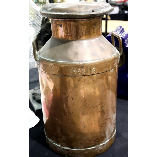 1406 - Large vintage Nestle branded copper milk churn with cover, H: 60 cm. Not available for in-house P&P.