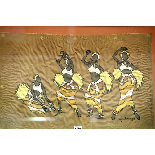 1506 - Batik picture of dancing African women by Edward Muwayire, 75 x 47 cm. Not available for in-house P&... 