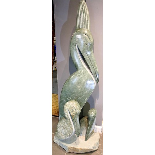 1513 - Large sculptured soapstone Pelican and Chicks, H: 143 cm. Not available for in-house P&P.