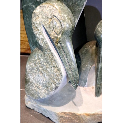 1513 - Large sculptured soapstone Pelican and Chicks, H: 143 cm. Not available for in-house P&P.