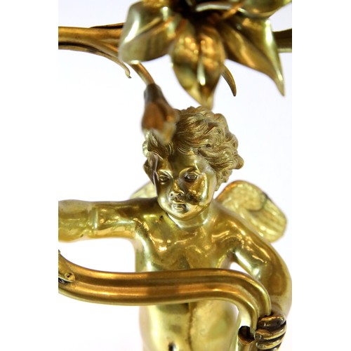 1342 - 19th century gilt bronze two sconce candelabra, the body in the form of a putti grasping a floral vi... 