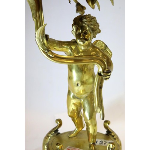 1342 - 19th century gilt bronze two sconce candelabra, the body in the form of a putti grasping a floral vi... 