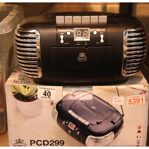 40 - Black, 3-in-1 FM/AM Radio, CD and Cassette player, boxed. GPO PCD299 In working order. Not available... 