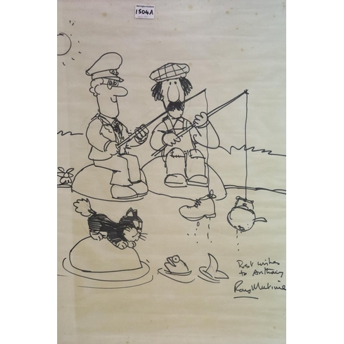 1504A - Ray Mutimer (contemporary), ink on paper of Postman Pat and Ted Glen fishing while Jess the cat look... 