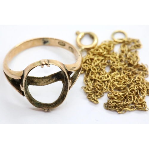 1067 - 9ct gold ring lacking stone and a fine 9ct gold chain, 3.3g total. P&P Group 1 (£14+VAT for the firs... 
