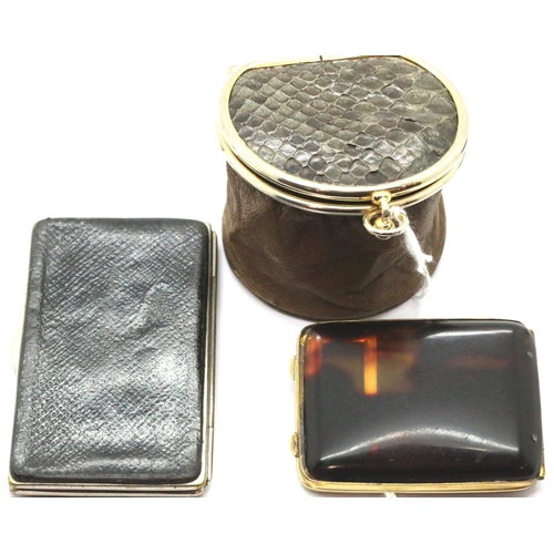 1130 - Victorian silk lined leather and snakeskin coin purse, silk lined leather stamp case and a tortoises... 