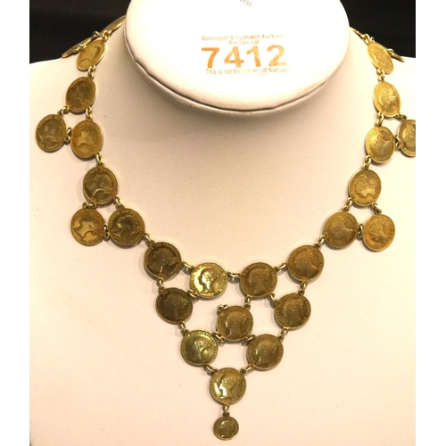 1133 - Victorian necklace made from 32 gilt washed and linked threepenny pieces, Maundy penny and threepenn... 