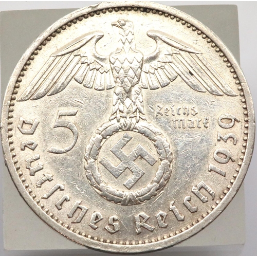 1178 - 1939 - 5 Mark - A mint - Berlin ; depiction of Hindenburg, Swastika and Reich Eagle. P&P Group 1 (£1... 